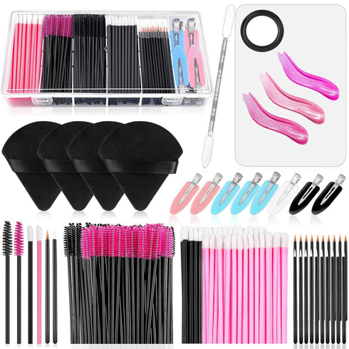 Disposable Makeup Applicators Kit with Triangle Puff Mixing Palette, Artist Supplies Disposable Mascara Wands, Lip Brushes, Hair Clips Powder Puff...