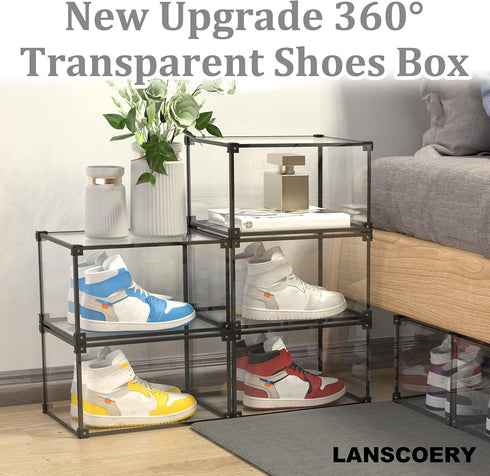 LANSCOERY Shoe Storage Box Stackable Shoe Organizer, Clear Acrylic Foldable Shoe Storage Containers Display Case with Magnetic Side Opening Door f...