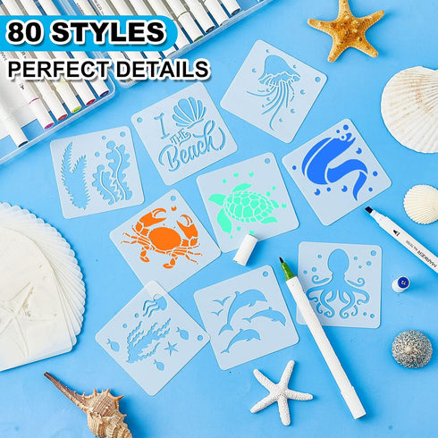 80 Pcs Flower Stencils Farm Stencils Ocean Stencils for Kids Animal Stencil Floral Stencils Plastic Reusable Stencils (Ocean)...