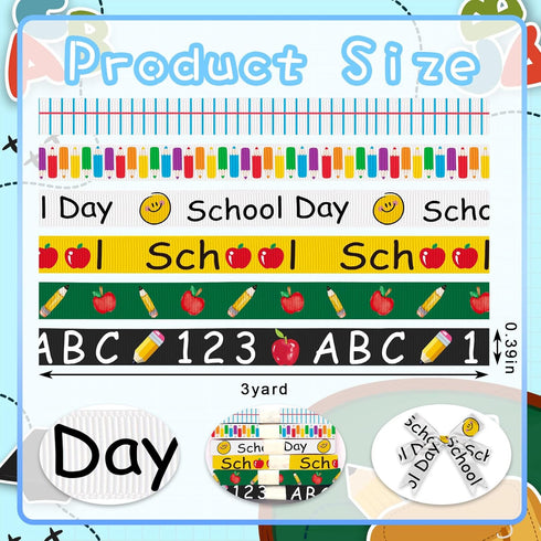 6 Rolls 18 Yards Back to School Ribbons, 3/8" School Day Grosgrain Ribbons Black Green Yellow Ribbons Apple Pencil ABC Gift Wrapping Ribbons for T...