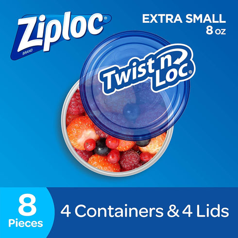 Ziploc Extra Small Round Twist 'n Loc Food Storage Meal Prep Containers, Reusable for Lunch and Leftovers, Dishwasher Safe, 4 Containers and 4 Lid...