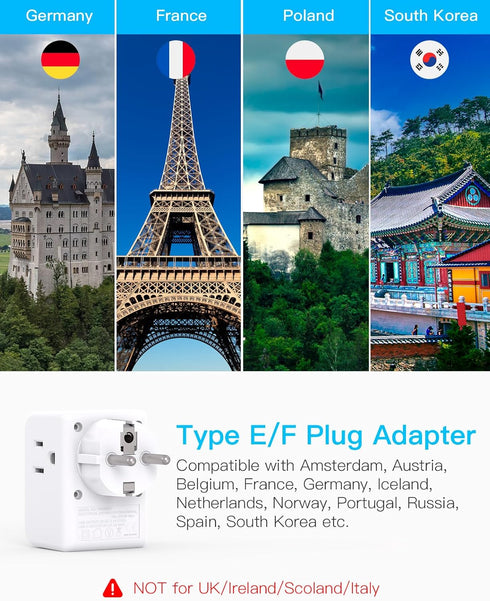 2 Pack Germany France Travel Plug Adapter with 3 Outlets 1 USBA 2 USB C, One Beat Type E/F International Power Adapter, Travel Essentials US to Eu...