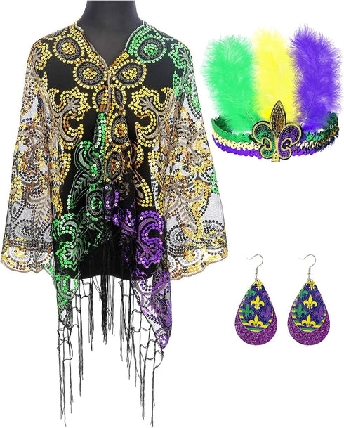 QLINLEAF Mardi Gras Shawl Scarf Sequin Mardi Gras Outfit for Women with Headband and Earrings Canival Party Favor...
