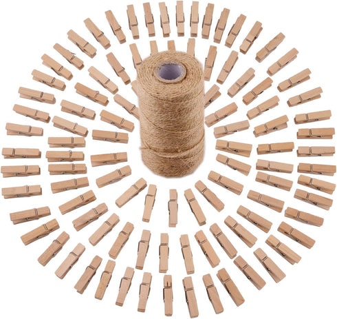 320 Feet Jute Twine and 100 Pieces Mini Natural Wooden Craft Clothespins Pegs Clips...