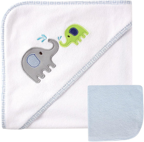 Luvable Friends Unisex Baby Hooded Towel and Washcloth, Blue Elephant, One Size...