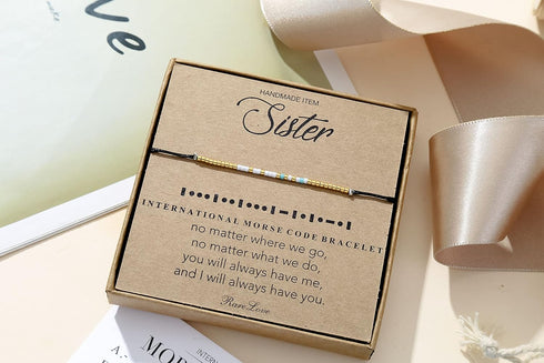 RareLove Sister Morse Code Beaded Bracelet Sister Birthday Gifts from Sister Long Distance Friendship Christmas Gifts Waterproof Gold Blue White T...