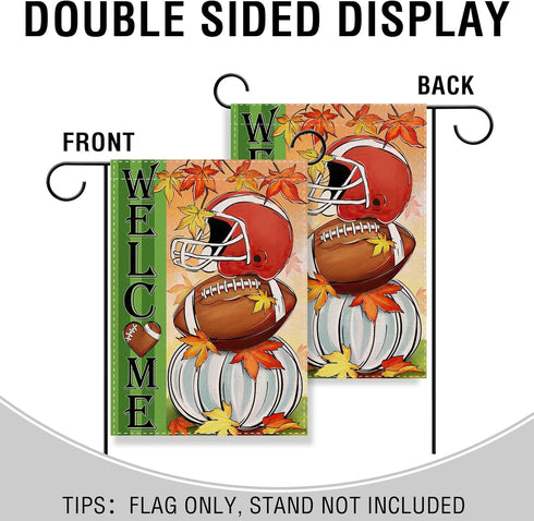 Welcome Fall Football Small Decorative Garden Flag, Autumn White Pumpkin Maple Leaves Yard Lawn Outside Decor, Thanksgiving Farmhouse Outdoor Home...