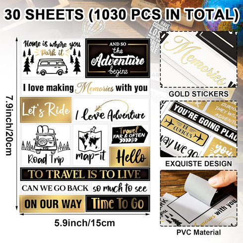 30 Sheets Travel Theme Scrapbook Stickers Gold Foil Vintage Scrapbooking Stickers Adhesive Vinyl Adventure Stickers for DIY Craft Kits Journal Pla...