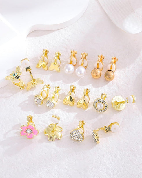 18 Pairs Gold/Silver Clip on Earrings for Women Teens Hypoallergenic Non Pierced Earrings Cute Clip on Earrings Set Faux Pearl Heart Flower Love K...