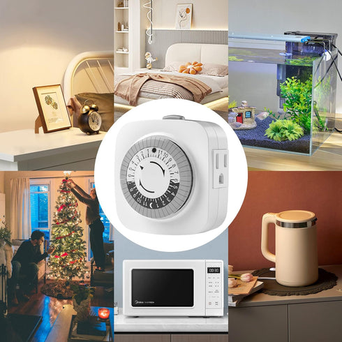24 Hour Indoor Mechanical Timer with 2 Ground 3 Plug Socket Timer?30 min Daily on/Off Cycle for Lamps, Christmas Tree Lights, ETL Certified, White...