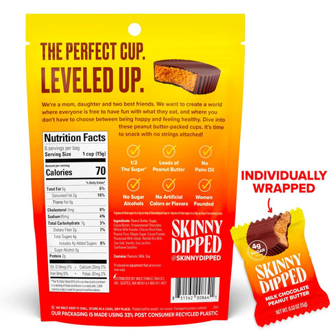 SkinnyDipped Milk Chocolate Peanut Butter Cups, 4g Sugar, Low Sugar, Low Carb, Gluten Free, 3.2oz Bag, 4 Pack (24 Cups Total)...