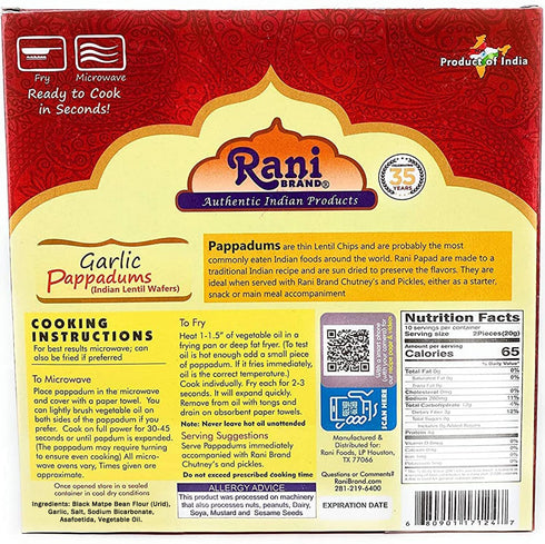 Rani Pappadums (Indian Lentil Wafer Snack) Garlic Papad 7oz (200g) Approximately 15pc, 7 inches ~ All Natural | Gluten Friendly | NON-GMO | Vegan ...