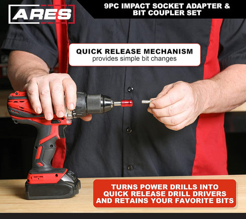 ARES 22034 – 9-Piece Impact Grade Socket Adapter and Bit Coupler Set - Turns Impact Drill Driver into High Speed Socket Driver - 1/4-Inch, 3/8-Inc...