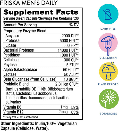 FRISKA Men’s Daily Digestive Enzyme and Probiotics Supplement, Natural Support for Male Digestive Health, Bloating, Gas, Indigestion Relief, Suppo...