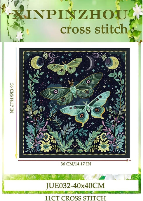 Xinpinzhou Moth 11ct Cross Stitch Kits, 11 CT Funny Pre Printed Counted Stamped Cross Stitch Embroidery Needlepoint Needlework Patterns Kits for B...