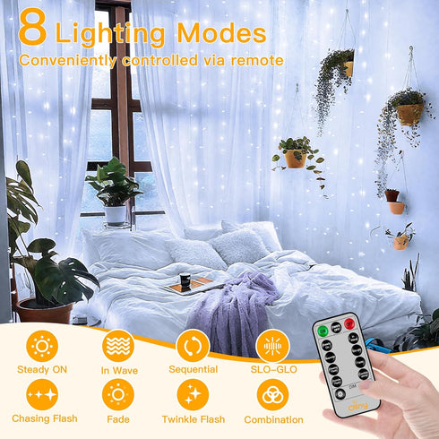 Ollny Curtain Lights 6.6x6.6ft, 200 LED White String Lights with Remote 8 Modes Dimmable Timer, USB Power Fairy Light for Bedroom Backdrop Indoor ...