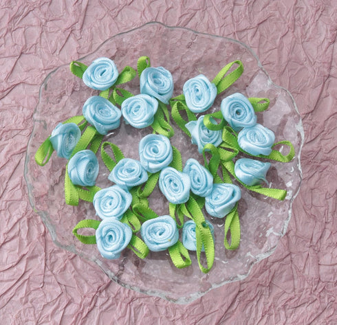 50 Pcs Satin Roses with Green Leaves Mini Cute Ribbon Bows Fabric Artificial Flower Supplies Ornament Applique for DIY Crafting Sewing Wrapping We...
