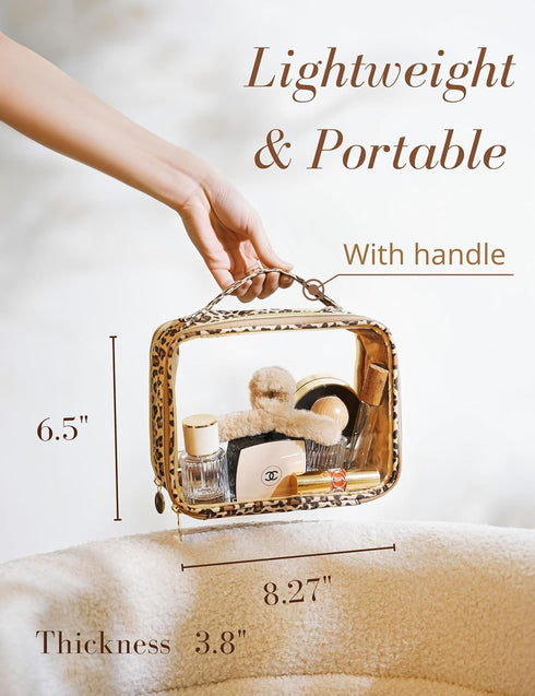 Clear Leopard Travel Makeup Bag Transparent Cosmetic Pouch Portable Toiletry Bags Two Compartments Cosmetic Bag with Handle Nylon and PVC Make up ...