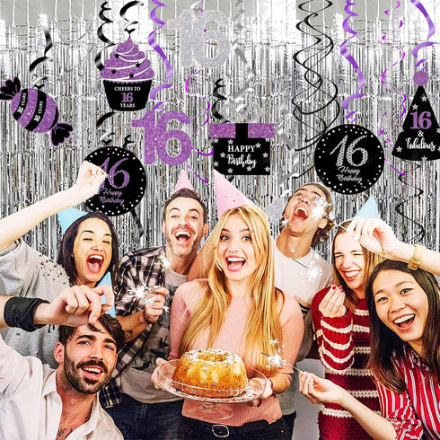 Sweet 16 Birthday Decorations Purple Silver Black for Women/Girl 16th Birthday Party Decorations Purple Silver Black Foil Hanging Swirls Decoratio...