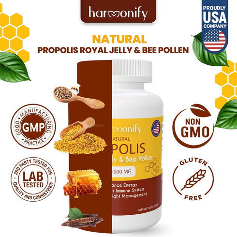 Bee Pollen Propolis Royal Jelly Extract with Carob, Pure Immune Support Supplement, Gluten-Free, Vegetarian Capsules, 1000 mg...