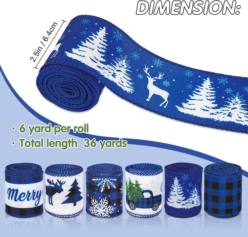 Christmas Wired Edge Ribbon 2.5 Inch 36 Yards Blue Black Buffalo Plaids Fabric Ribbon Xmas Tree Truck Reindeer Craft Ribbon for Holiday Wrapping D...