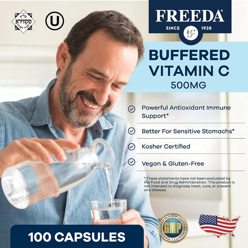 FREEDA Vitamin C - Buffered Vitamin C 500mg - Kosher - Powerful Antioxidant Immune Support - Sensitive Stomach Vitamins C Capsules Calcium Ascorba...