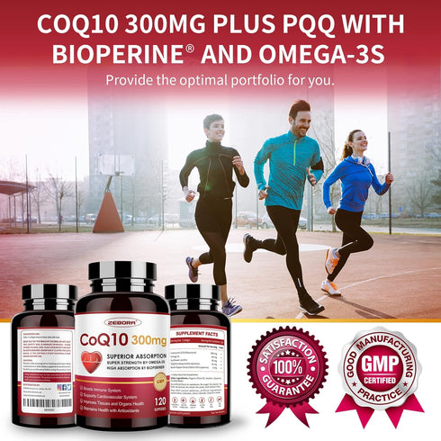 ZEBORA CoQ10-300mg-Softgels with PQQ, BioPerine & Omega-3, 120 Servings Coenzyme Q10 (Ubiquinone) Supplement for High-Absorption, Powerful-Antioxi...