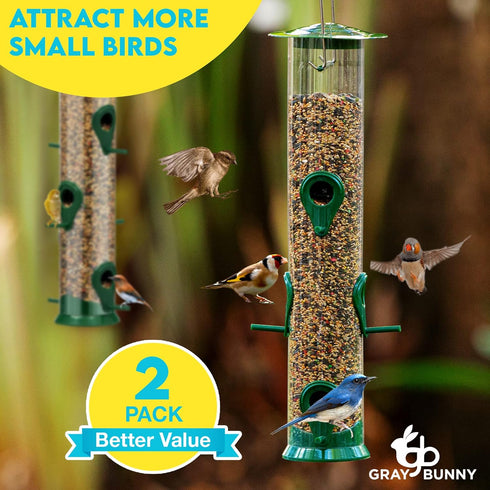 Gray Bunny 2 Pack, 14 Inches Tube Bird Feeders for Outdoors Hanging, 6 Feeding Ports, Hard Plastic Bird Feeder Outdoor Weatherproof & Steel Hanger...