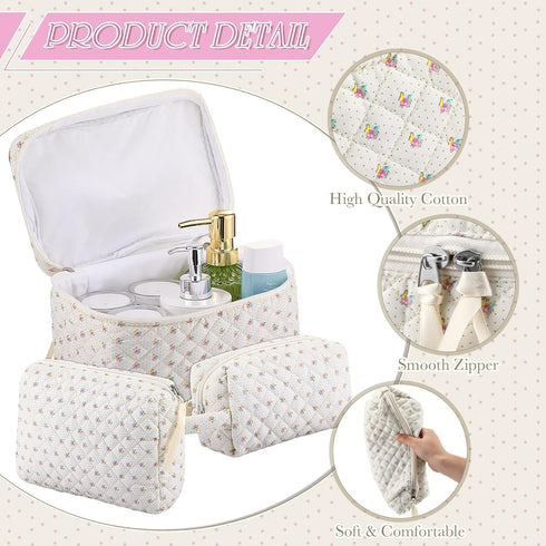 3 Pieces Cotton Quilted Makeup Bag Set Coquette Cosmetic Bag Aesthetic Travel Toiletry Bags Cute Pouch Kawaii Aesthetic for Women (Little Flower)...