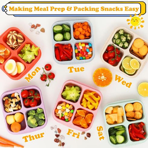 6 Pack Snack Containers, 4 Compartment Bento Snack Box Container, Reusable Meal Prep Lunch Containers for Kids Toddler Adults, Divided Food Contai...