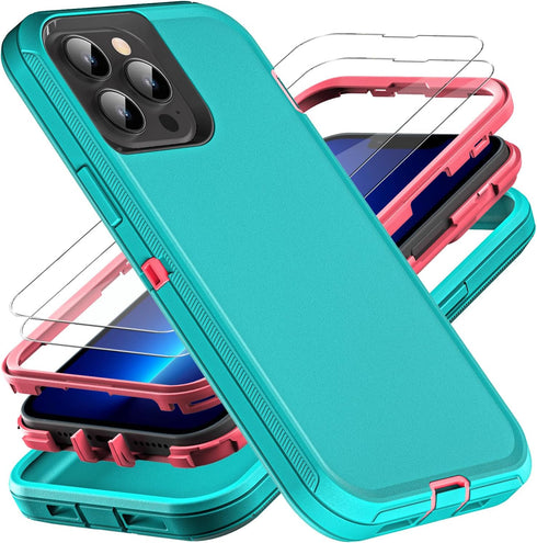 for iphone 13 Pro Max Case, Military Grade 3 in 1 Heavy Duty Shockproof/Drop Proof/Dust Proof Case with 2Pcs Tempered Glass Screen Protector (Aqua...