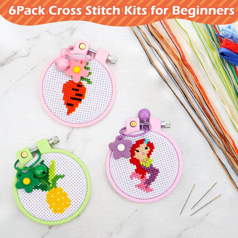 Anglekai 6Pcs Cross Stitch Kits for Beginners, Needlepoint Kits for Beginners Embroidery Starter Set, 6 Embroider Hoops and Cloth/ 6 Key Rings/Sci...