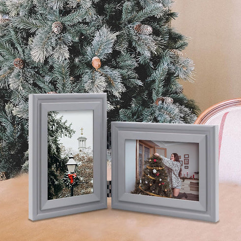 Vertical Horizontal, Art Double 4x6 Grey Wood Foldable Picture Frame - Opening 3.5x5.5 - for 4 by 6 Portrait and Landscape View...
