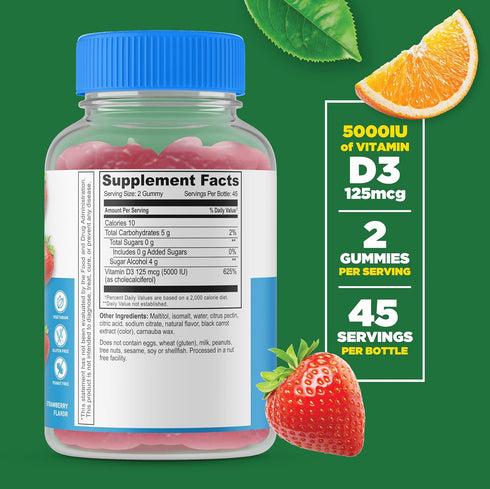 Lifeable Sugar Free Vitamin D 5000 IU - Great Tasting Natural Flavor Gummy Supplement - Gluten Free Vegetarian GMO-Free Chewable - for Immune Supp...