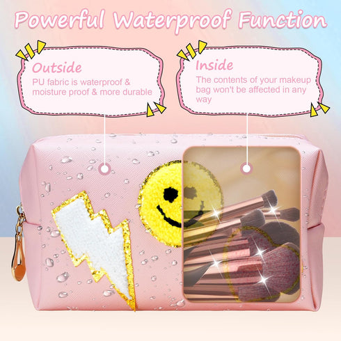 WECOOL Preppy Makeup Bag, Waterproof PU Leather Smiley Face Patch Makeup Bag Preppy, Travel Makeup Bag with Plenty of Space, Portable Cute Toiletr...