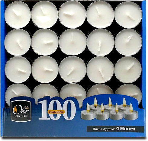 OHR CANDLES Tealight Candles - 100 Pack Bulk Tea Lights Candles - White Tealights Unscented - 4 Hour Burn Time...