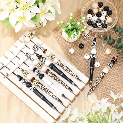 12 Set Plastic Beadable Pens Assorted Wood Crystal Spacer Round Beads Black Ink Ballpoint Pen DIY Pen Set for Women Kids Gifts School Office Suppl...