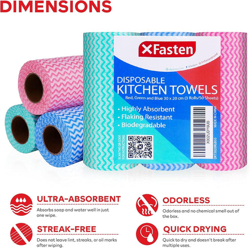 XFasten Disposable Kitchen Towels, 11.8 inches x 7.87 inches, Set of 3 (Red, Green, Blue 150 Total Sheets) Washable and Reusable Cleaning Cloths |...