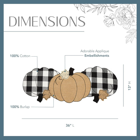 Elrene Home Fashions Burlap and Check Pumpkin Centerpiece Table Runner, 13" x 36", Black and White...