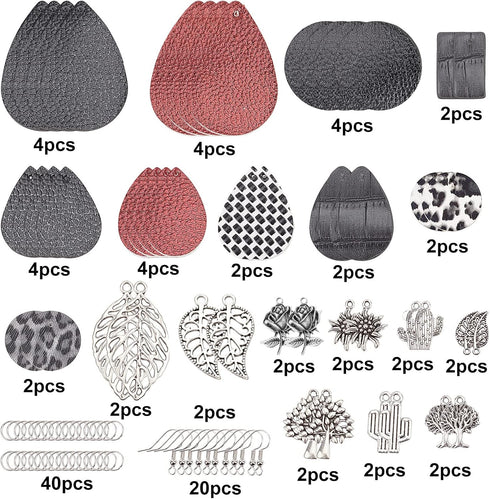 SUNNYCLUE 84Pcs DIY 10 Pairs Tree of Life Charms Faux Leather Teardrop Round Charm Black Red Stamping Faux Leather Earring Making Starter Kit Leaf...