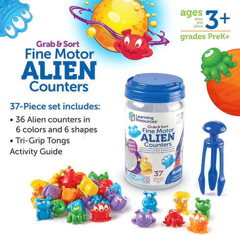 Learning Resources Grab & Sort Fine Motor Alien Counters - 37 Pieces, Ages 3+ Toddler Learning Toys, Math Counters for Kids, STEM Toys for Kids, P...