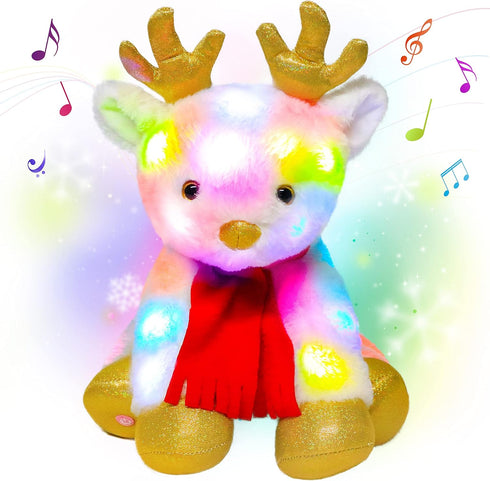 Cuteoy White Reindeer LED Musical Stuffed Animal Light-up Singing Plush Elf Adjustable Volume Lullaby Plushies Birthday Christmas Toy Gifts for Ki...