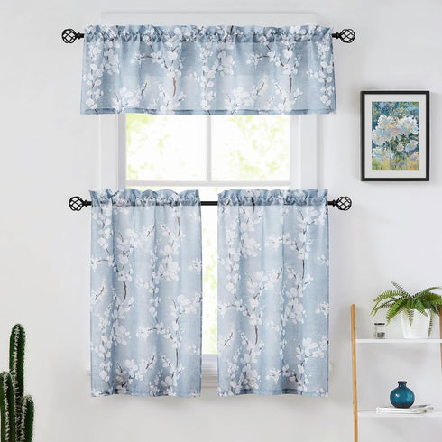 FMFUNCTEX Blue White Tier Curtains 36 Inch Length for Kitchen Windows White Blossom Floral Print Half Bathroom Window Curtain Panels Café Curtains...