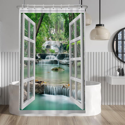 Baocicco Nature Landscape Shower Curtain Summer Forest River Jungle Waterfall Lake Window Scenery Shower Curtains Decorative for Bathroom Waterpro...
