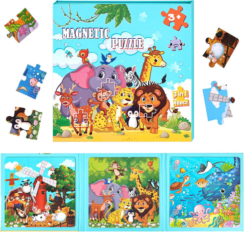 LovesTown Magnetic Travel Puzzles Book, Animal Wooden Magnetic Puzzles for Toddlers Learning Magnetic Puzzles for Road Trip...