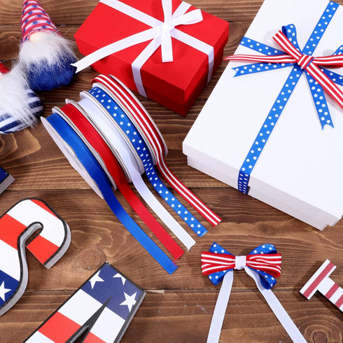 5 Rolls 100 Yards Patriotic Wired Ribbon Red White and Blue Ribbon Star and Striped Grosgrain Ribbon for DIY Craft 4th of July Independence Day Me...