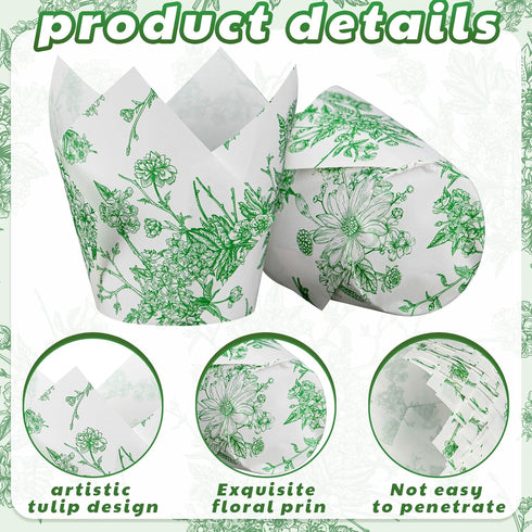 Gerrii 200 Pcs Green Flower Tulip Cupcake Liners Paper Baking Cups Cupcake Wrappers Tea Parties Mini Muffin Case Trays for Wedding Bridal Party Ba...