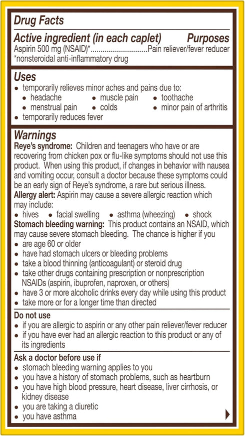 Bayer Extra Strength Aspirin 500 mg, Pain Reliever and Fever Reducer, Powerful Pain Relief of Headache, Muscle Pain, Minor Arthritis Pain, Back Ac...