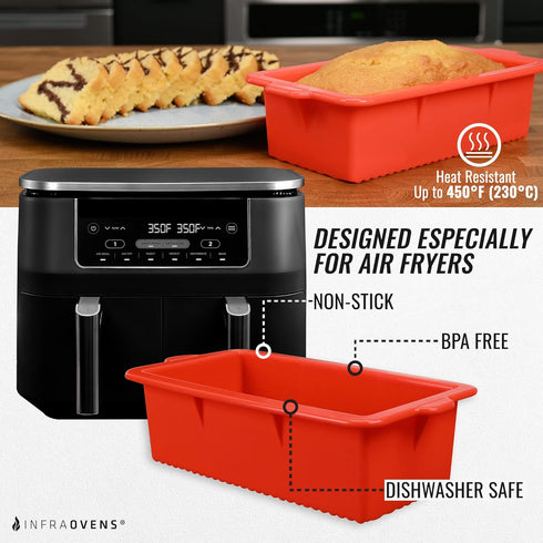 Air Fryer Silicone Loaf Pans for Ninja Foodi Dual Basket DZ201 8qt Baking Set, Non-Stick Cake Pan, Conversion Chart, Airfryer Bakeware for Double ...