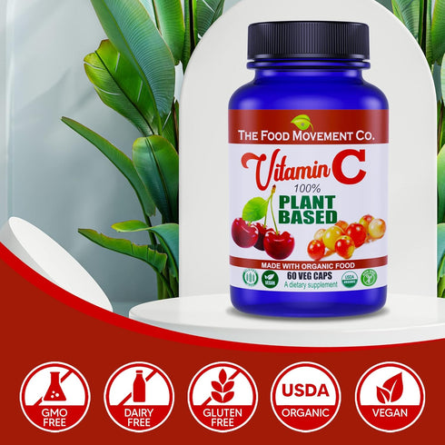 100% PLANT-BASED VITAMIN C 60 Capsules 125mg - Adults Immune System Antioxidant Support Dietary Supplement - Whole Food Vegan Supplements from Org...